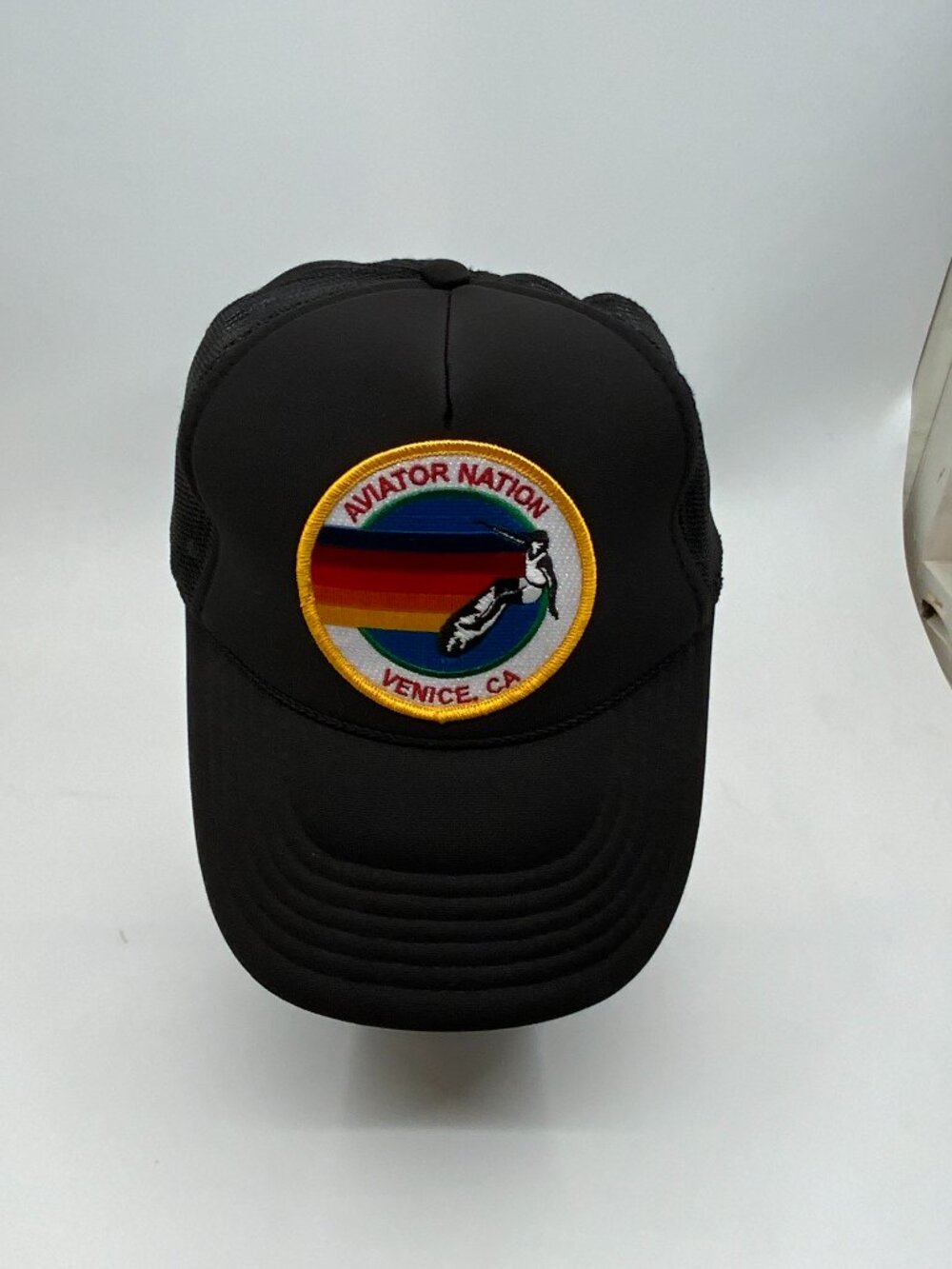 Aviator Nation Venice CA Black Trucker Snapback Hat Rainbow Logo Hat